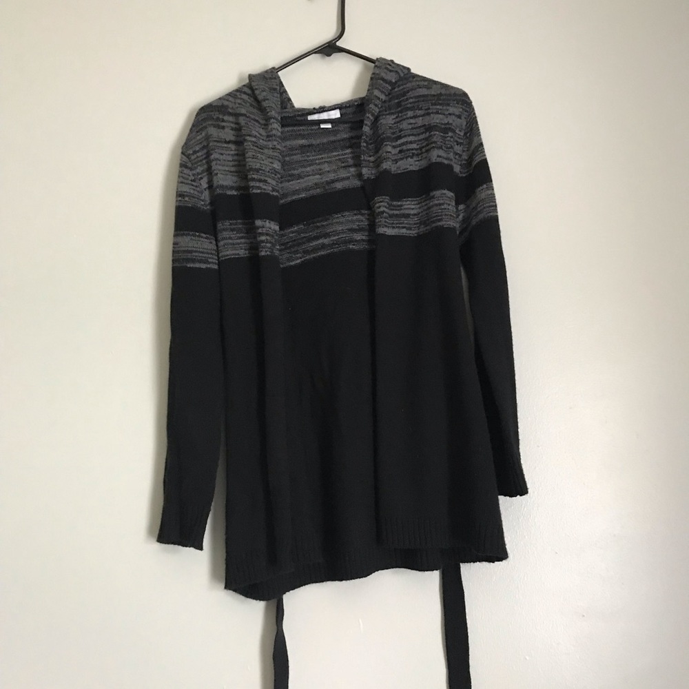 Cozy wrap sweater with hood and tie